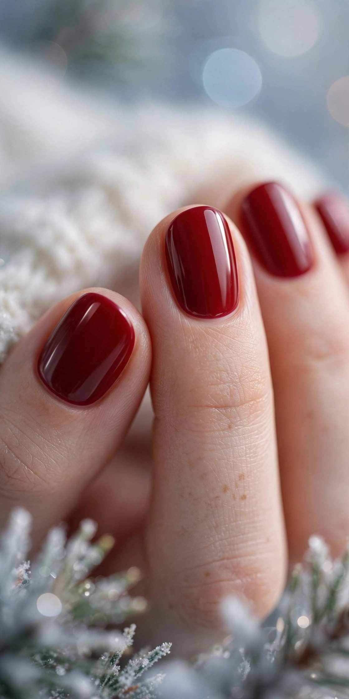Deep red polish on short oval nails