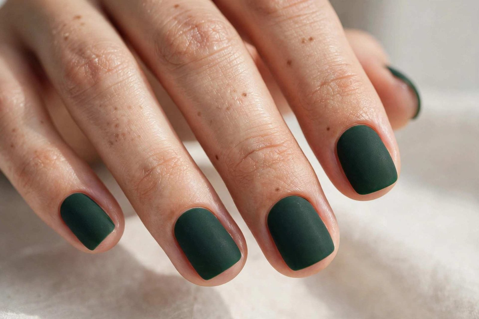 Matte forest green polish on short nails