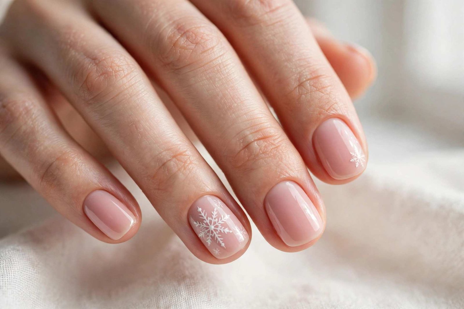 Short blush pink nails with white snowflake art