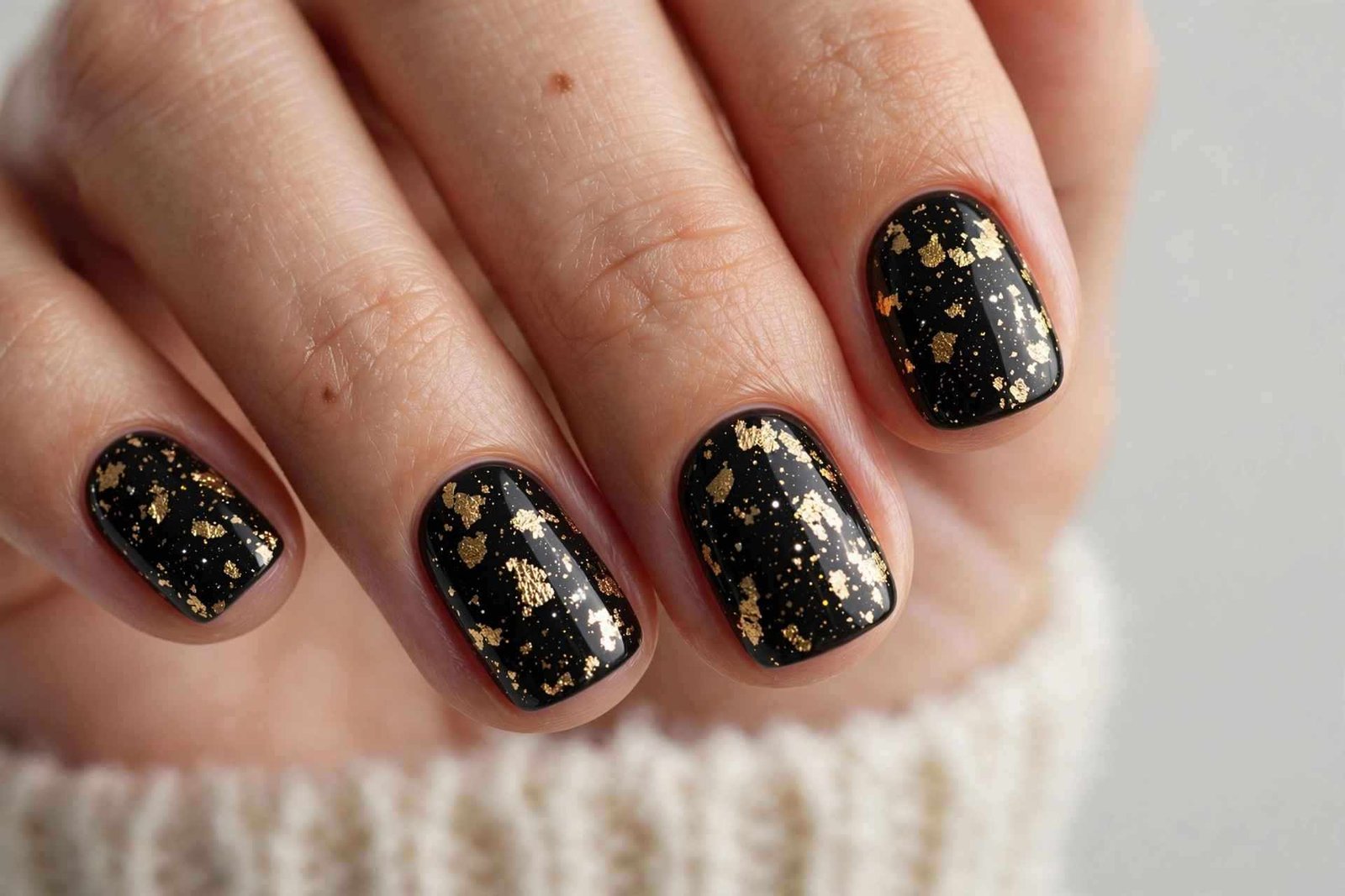 Short black nails with gold flake accents