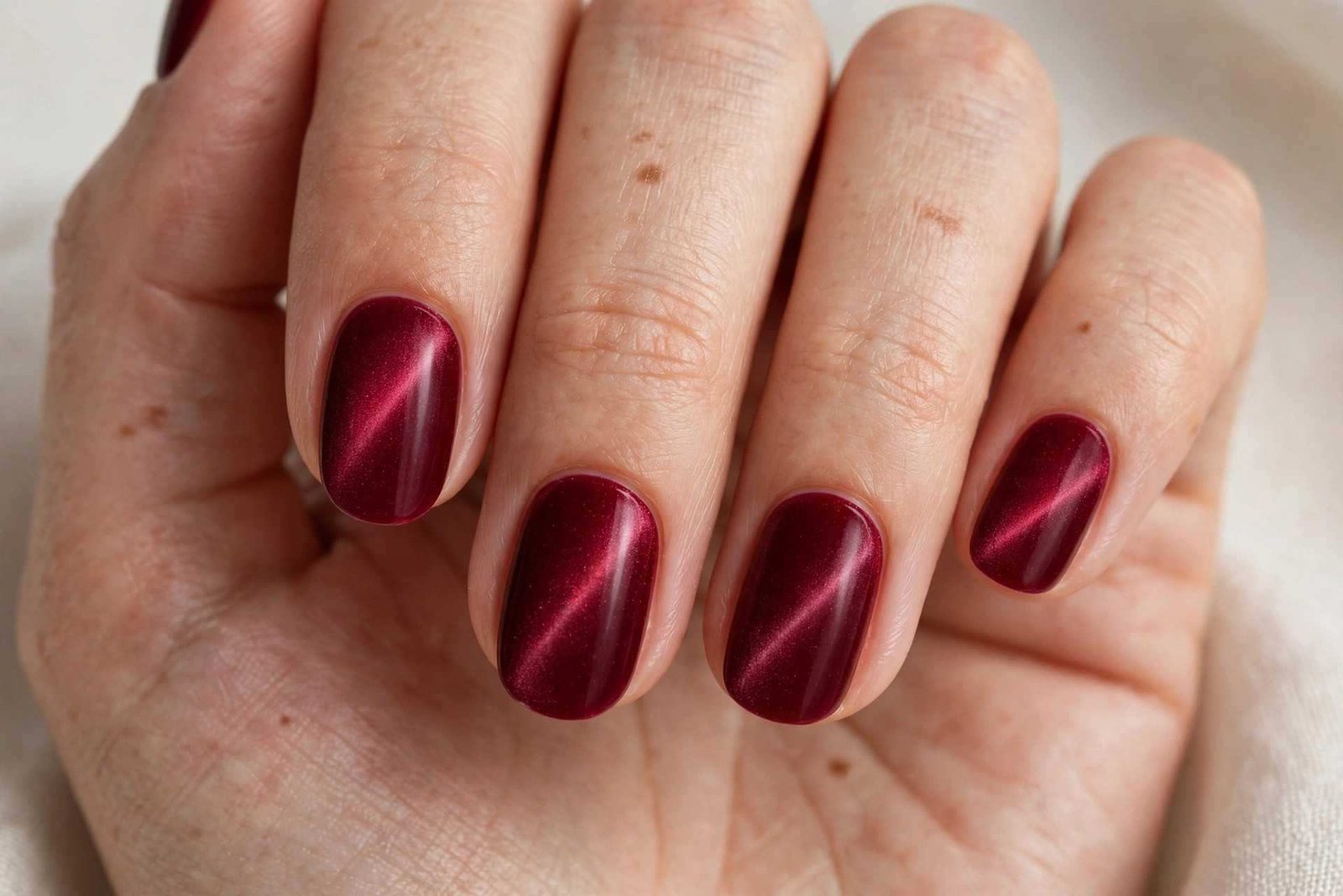Red velvet magnetic nails on short almond shape