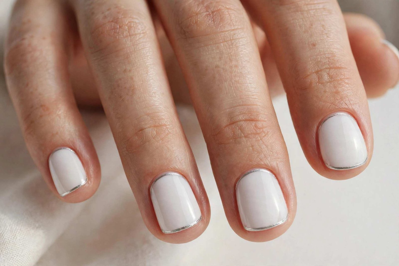 White short nails with silver cuticle line detail