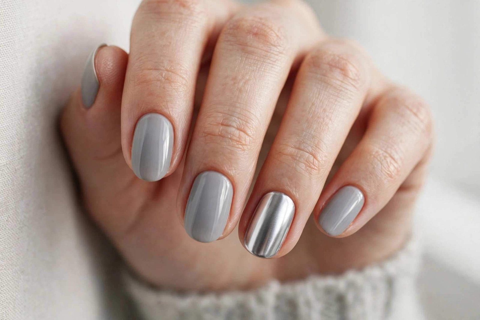 Soft grey nails with silver chrome accent
