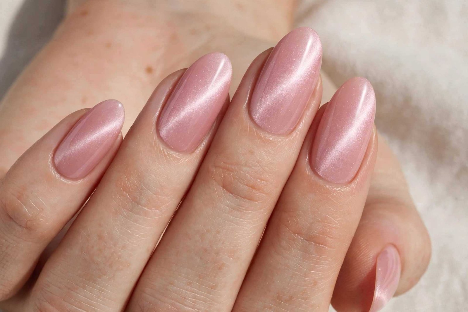 Blush pink cat-eye magnetic winter nails