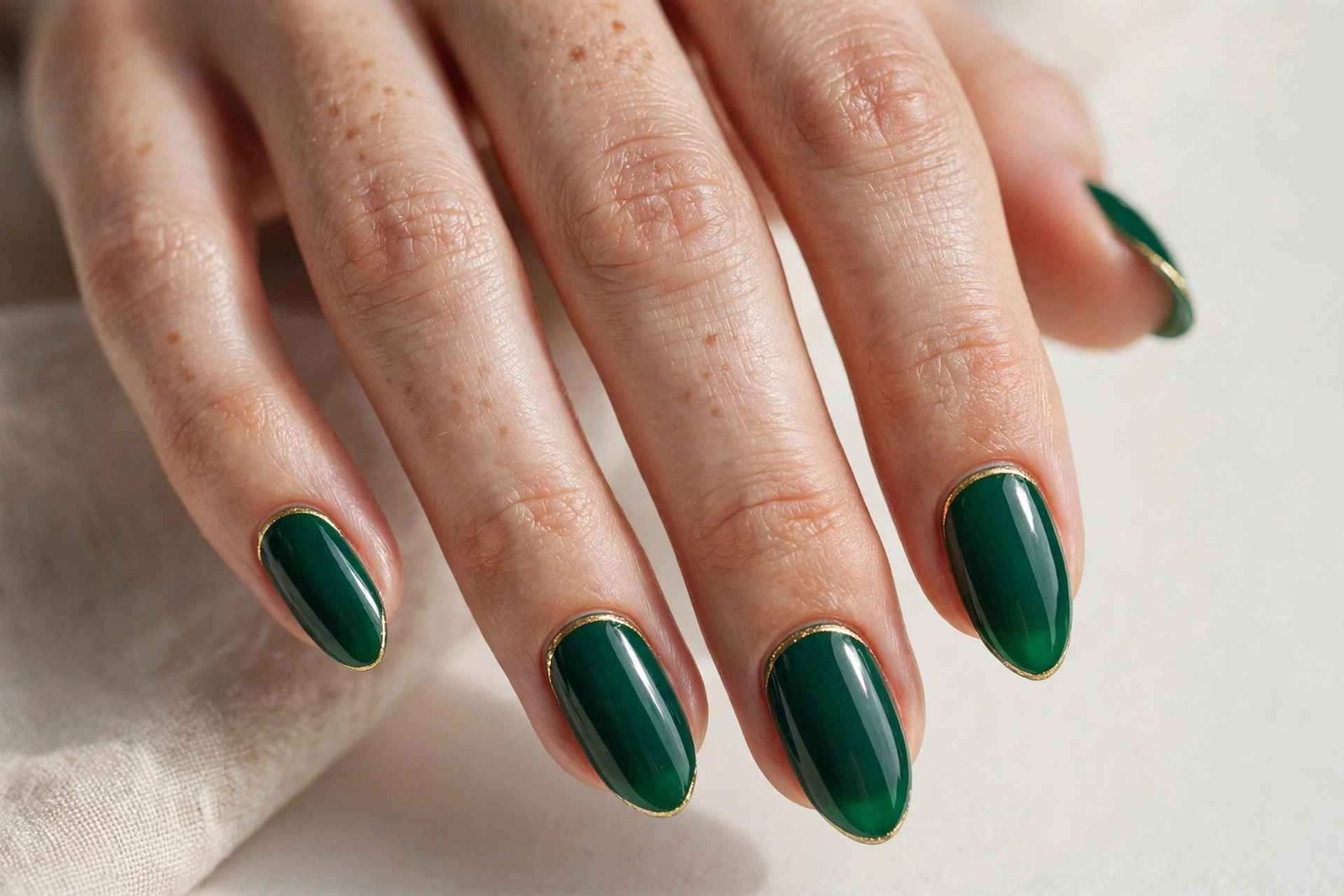 Emerald green nails with gold cuticle detail