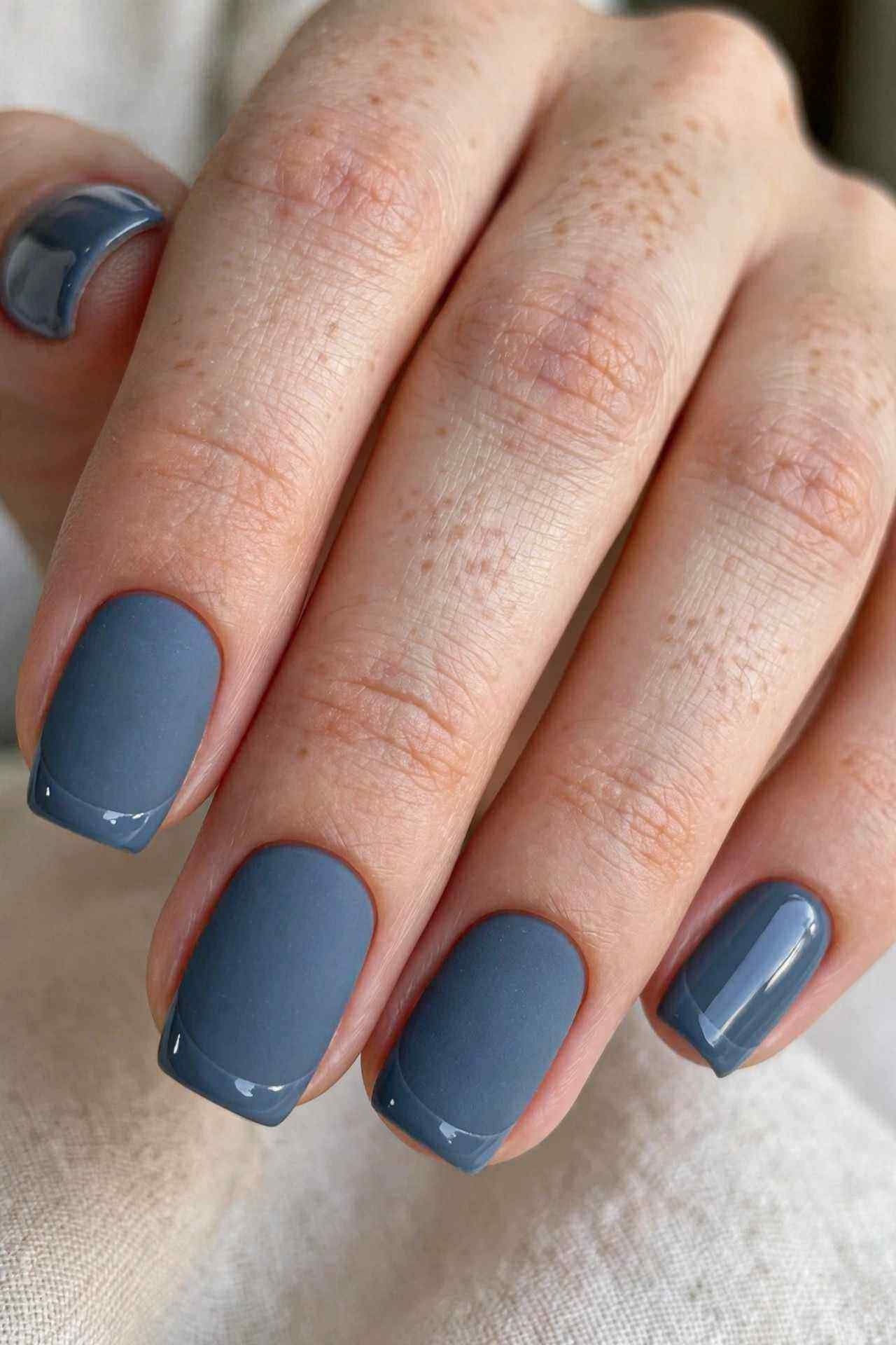 Slate blue matte nails with glossy tips
