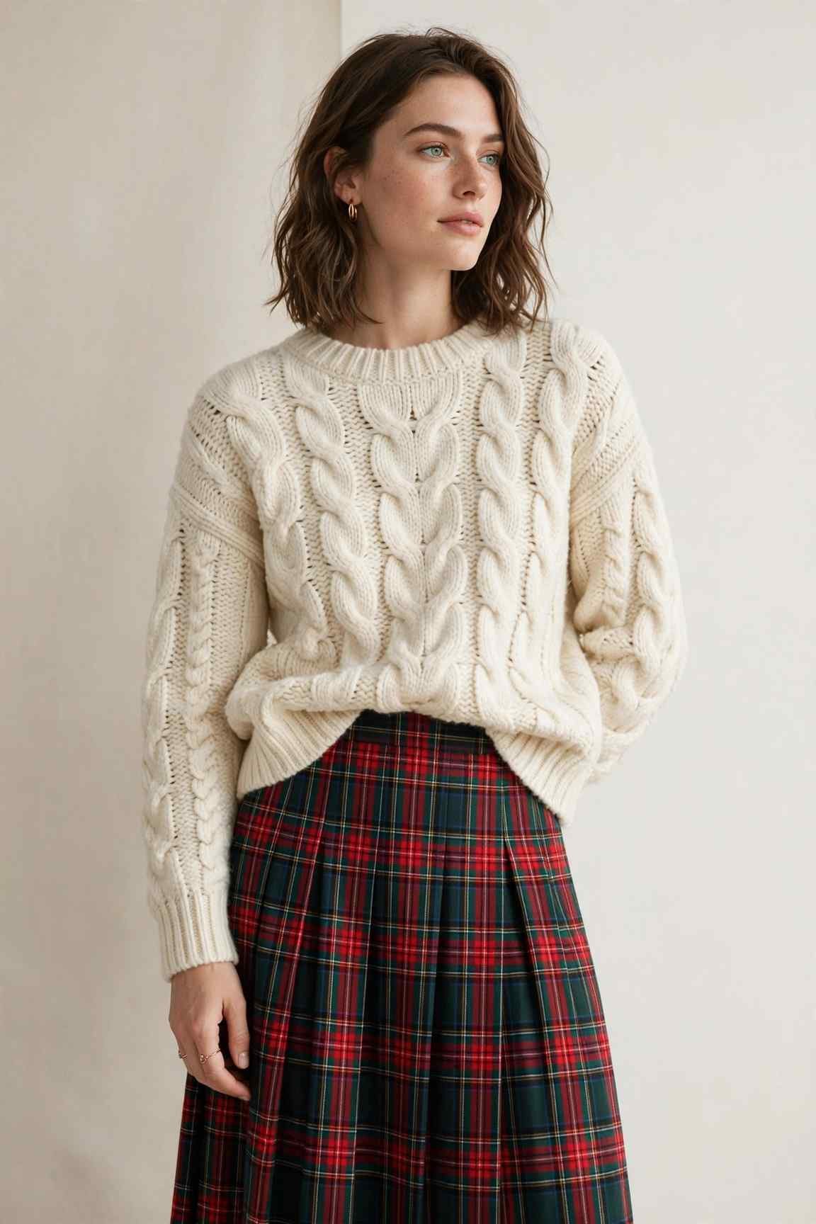 Cream cable-knit sweater with plaid skirt