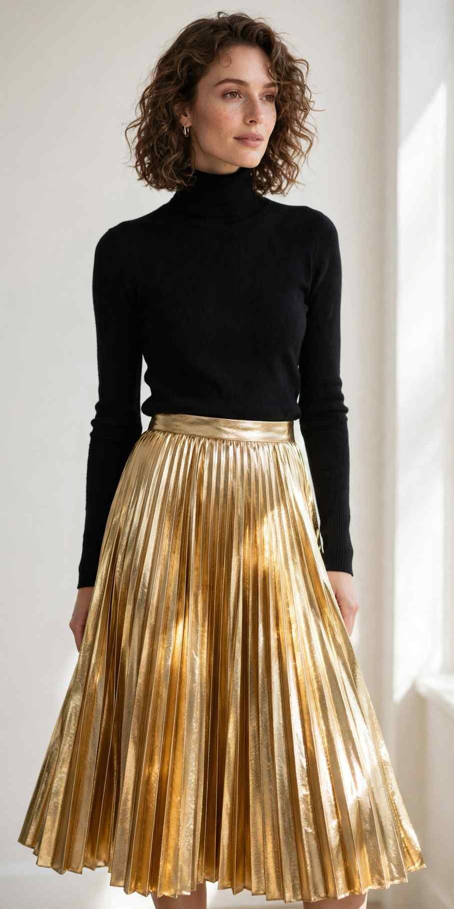 Gold metallic pleated skirt with black turtleneck