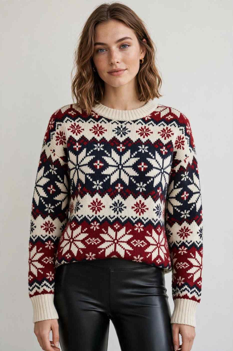 Fair-isle sweater with leather leggings