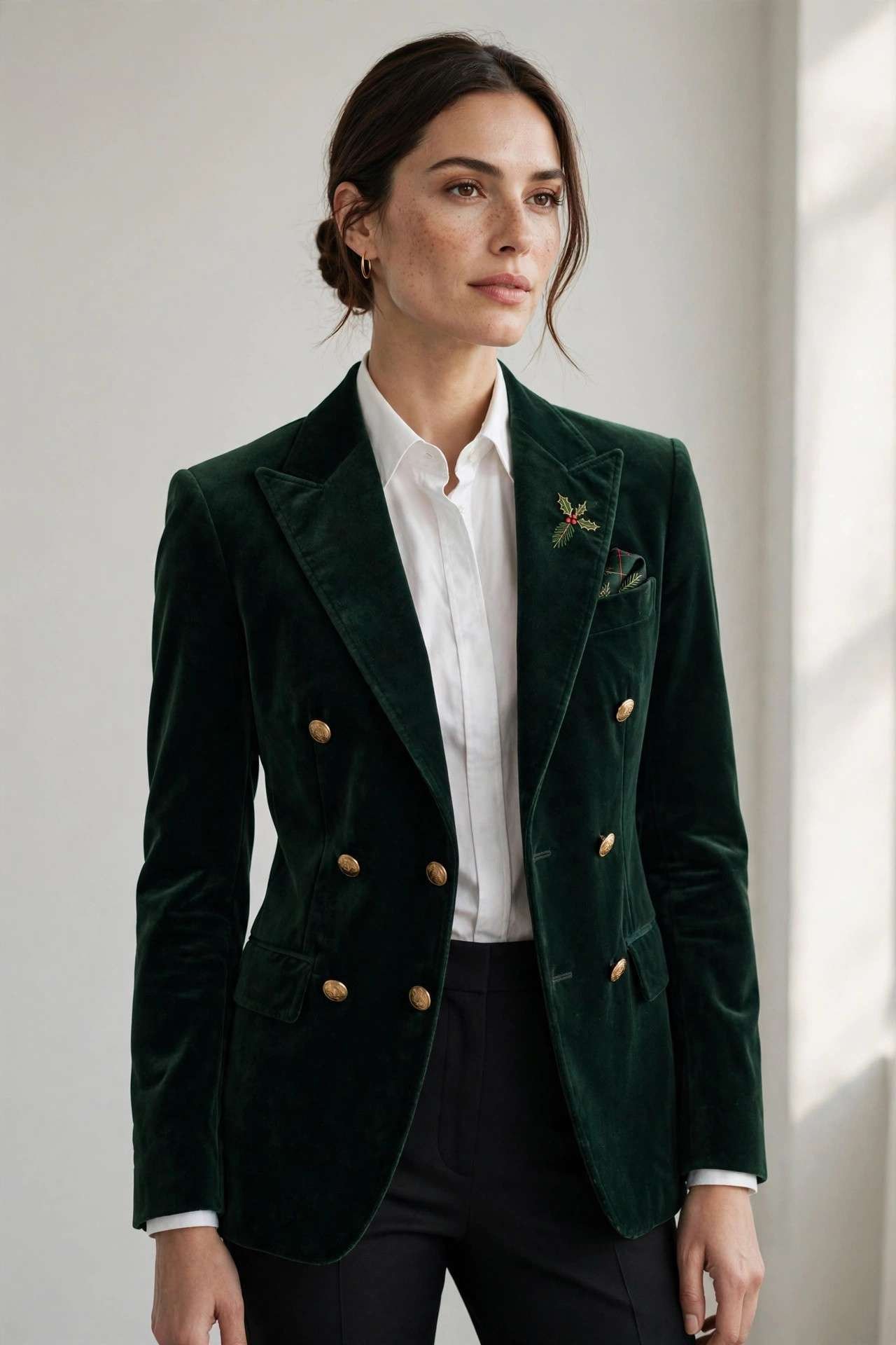 Green velvet blazer with black trousers