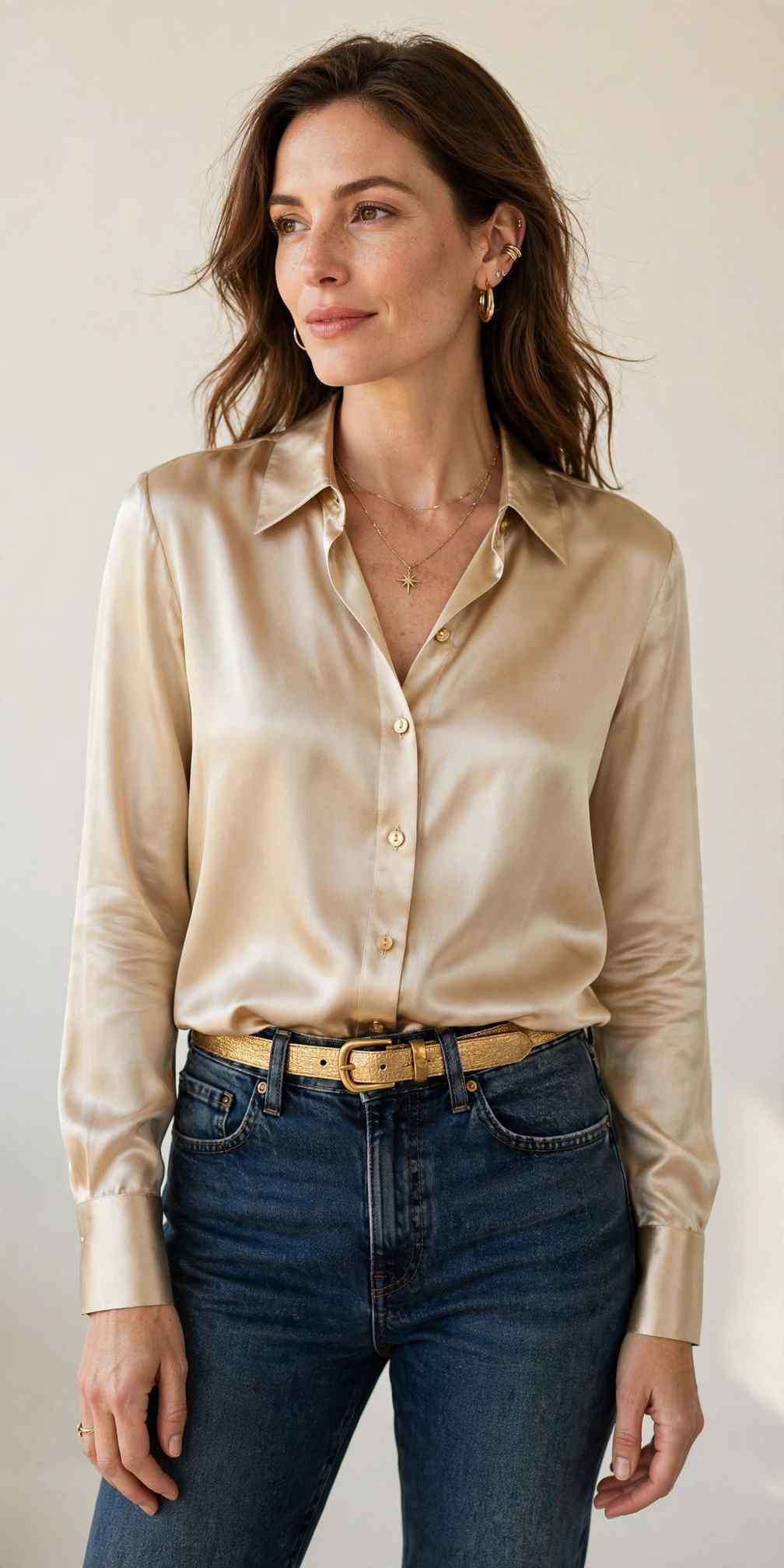 Champagne silk blouse with dark jeans