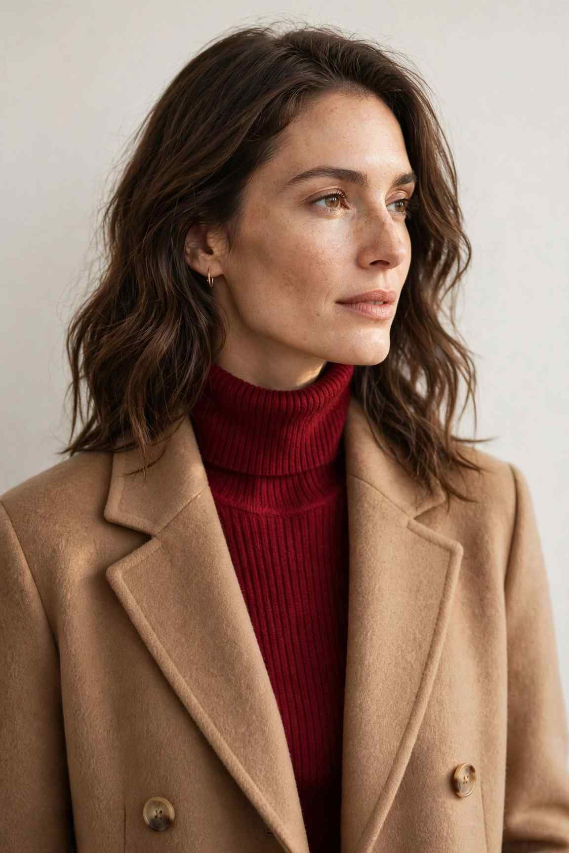 Cranberry turtleneck with camel coat