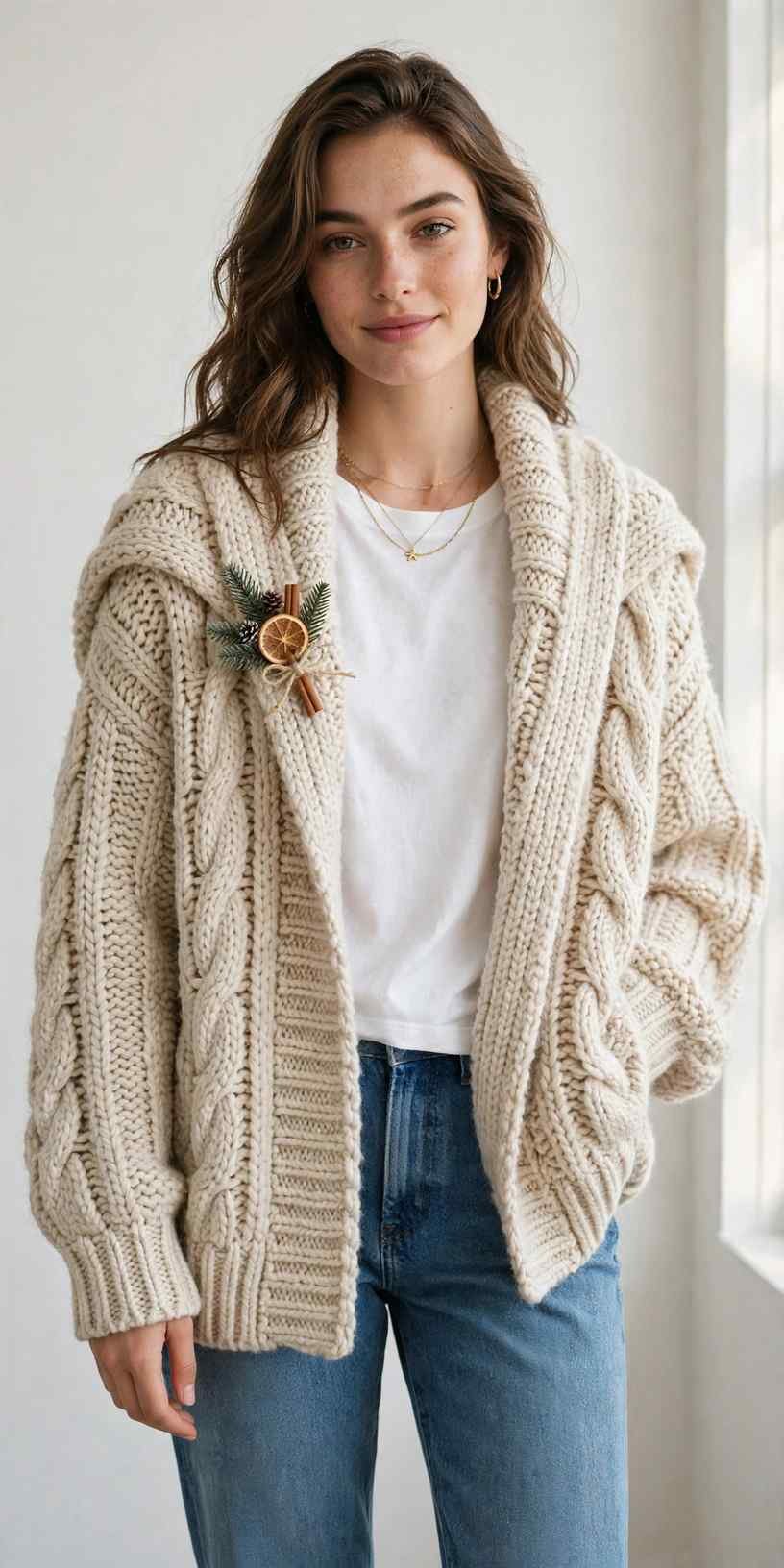 Oversized cardigan with white tee and jeans