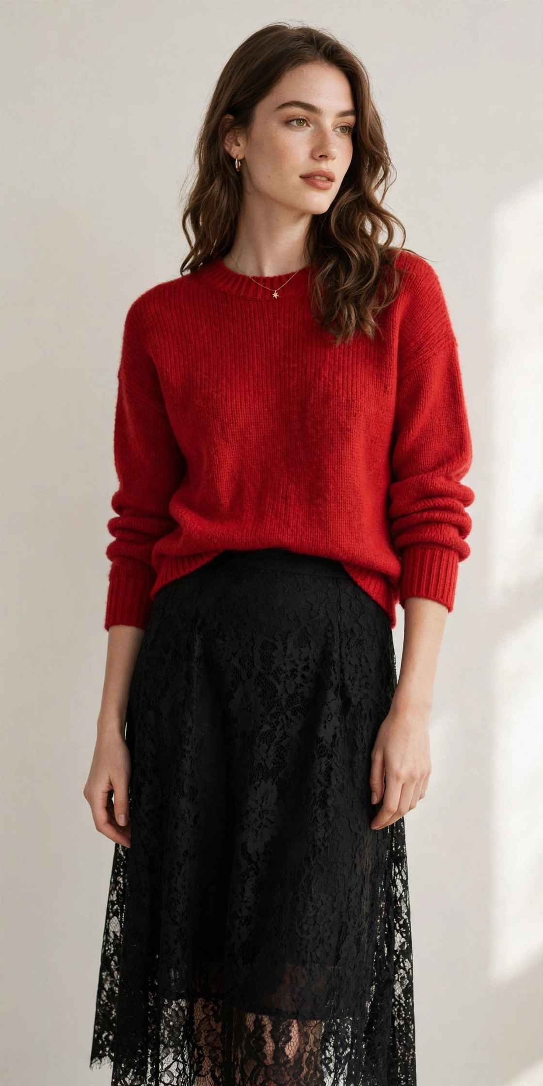 Black lace midi skirt with red sweater