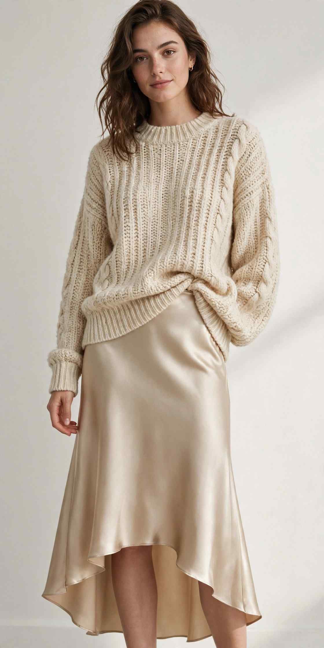 Satin champagne slip skirt with sweater