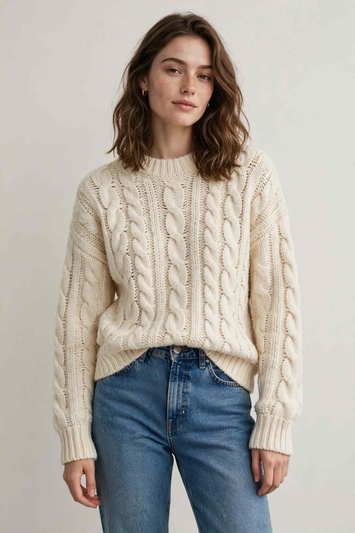 Chunky knit sweater with straight-leg jeans