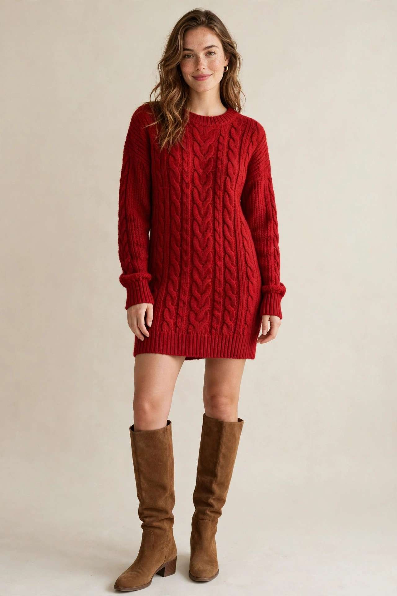 Sweater dress with knee-high boots