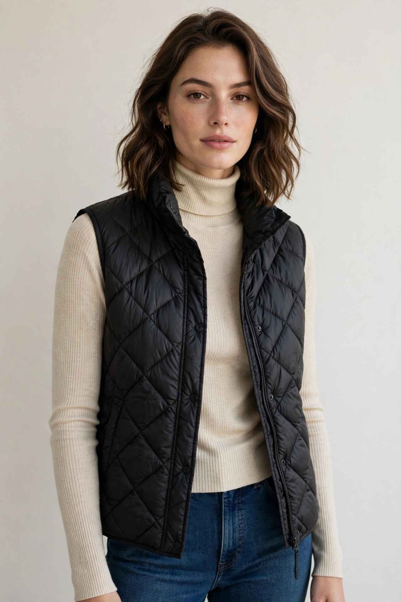 Puffer vest with turtleneck and jeans