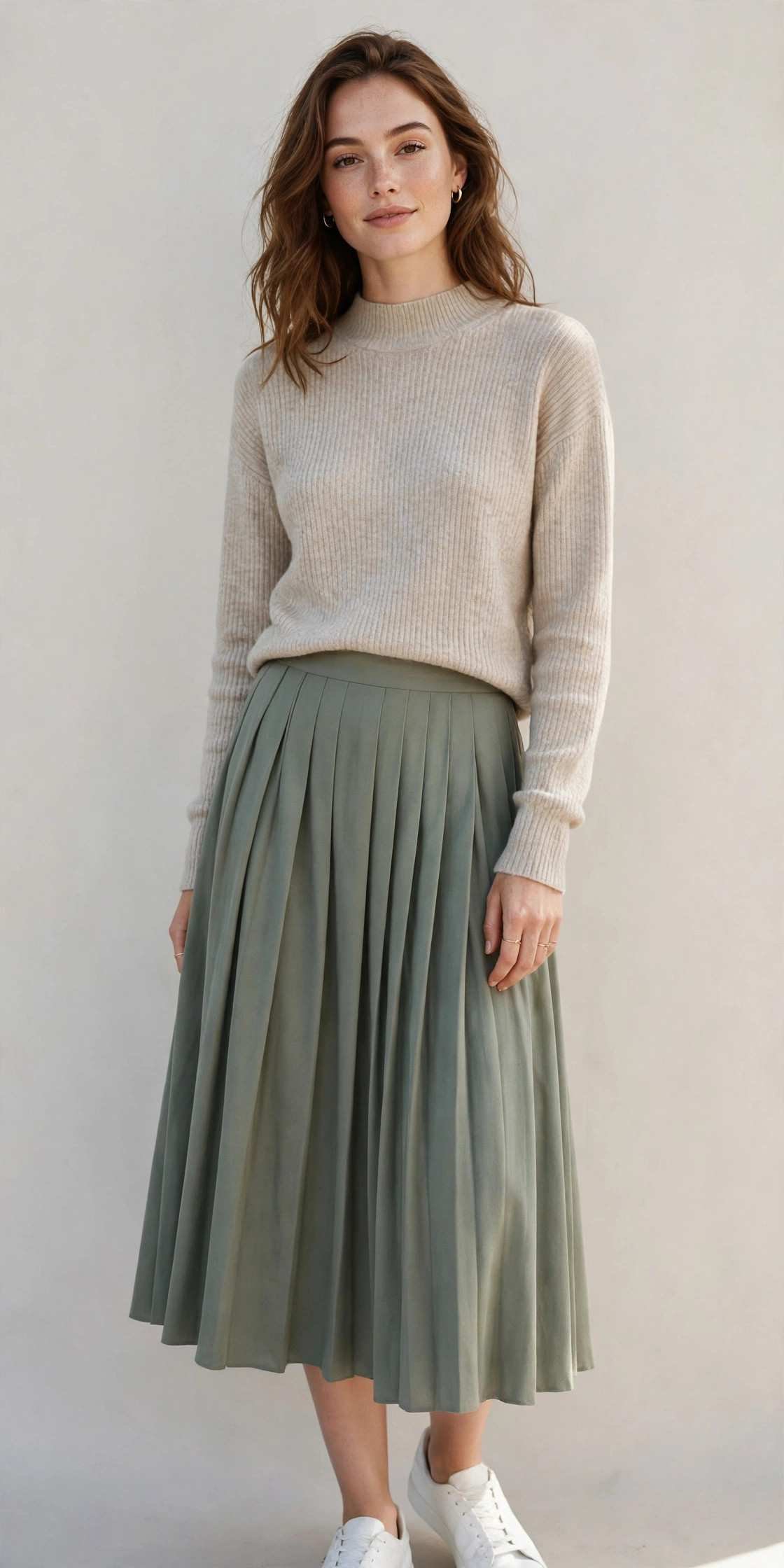 Mock-neck sweater with midi skirt and sneakers