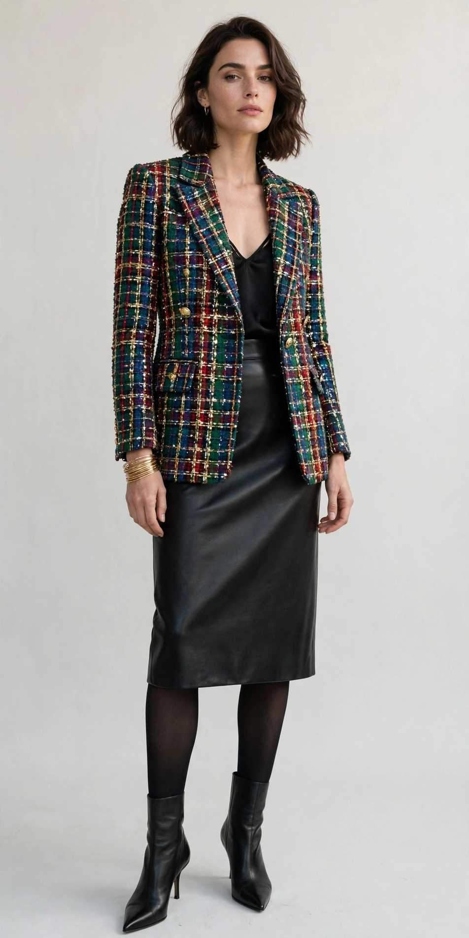 Tweed blazer with leather skirt outfit