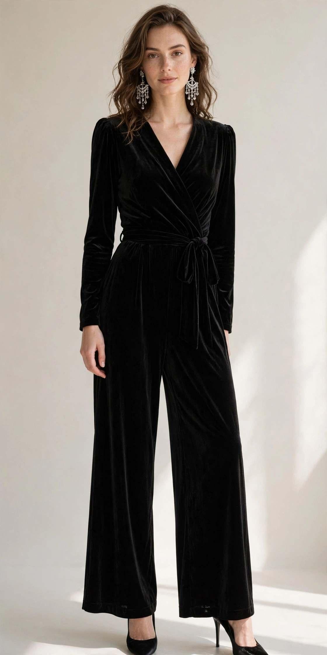 Black velvet jumpsuit on woman