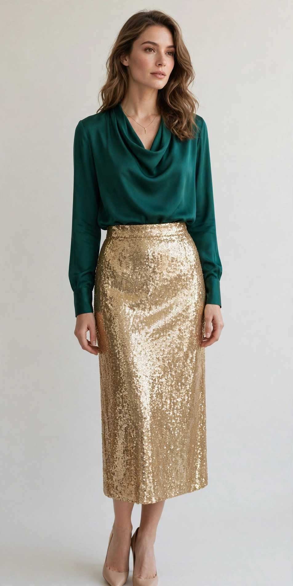 Emerald silk blouse with gold sequin skirt