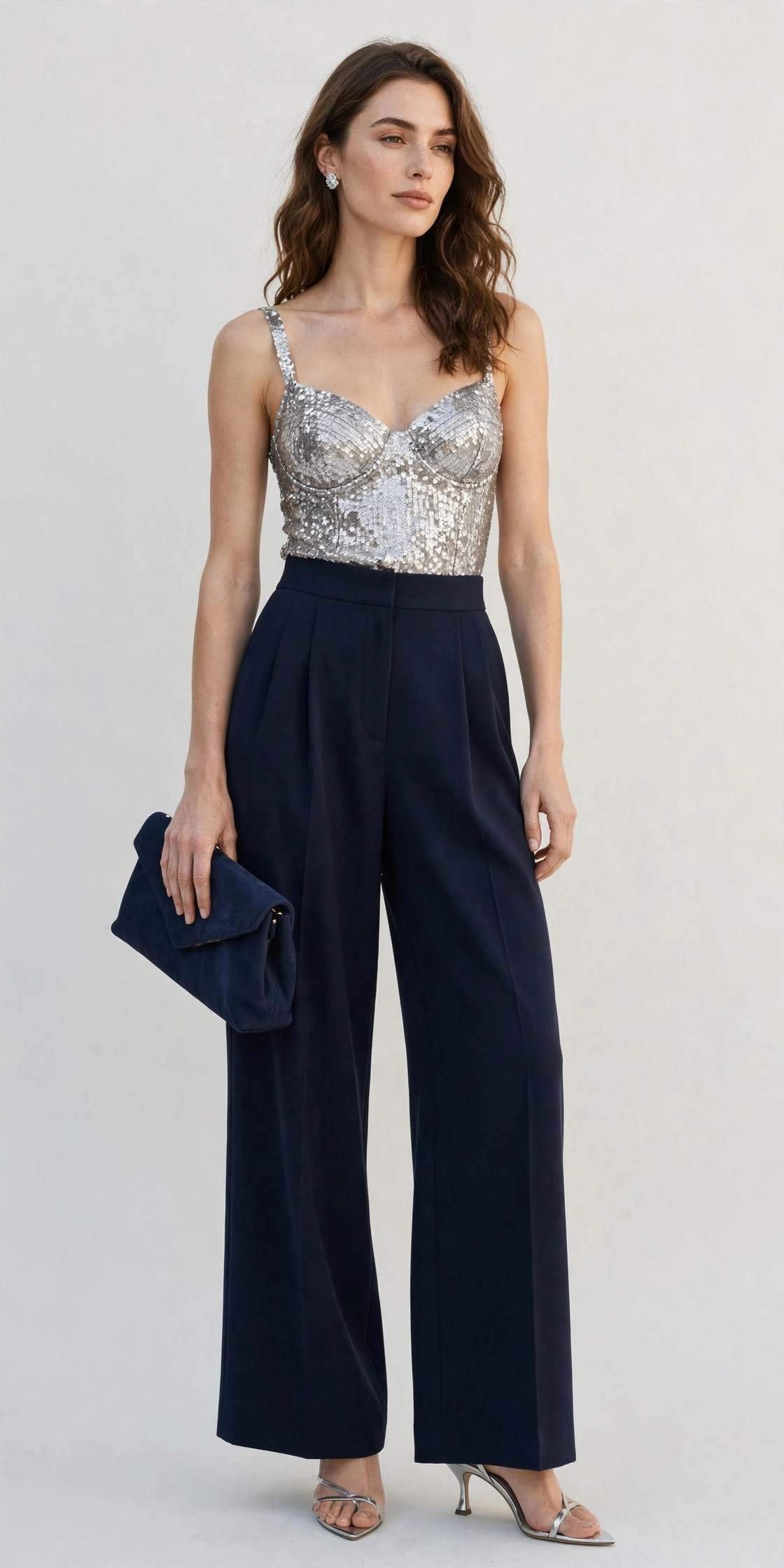 Silver sequin top with navy trousers