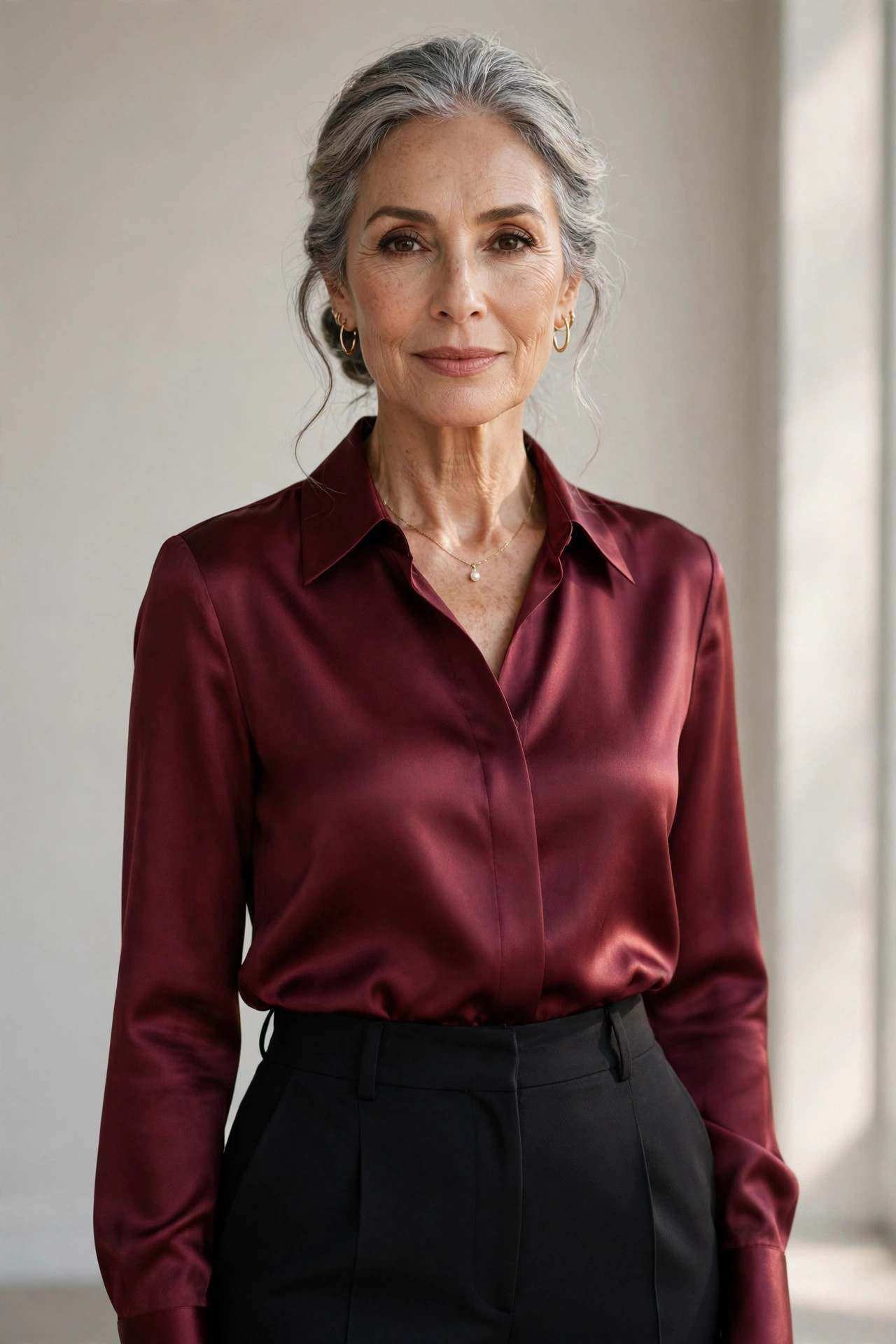 Woman in burgundy satin blouse with black trousers