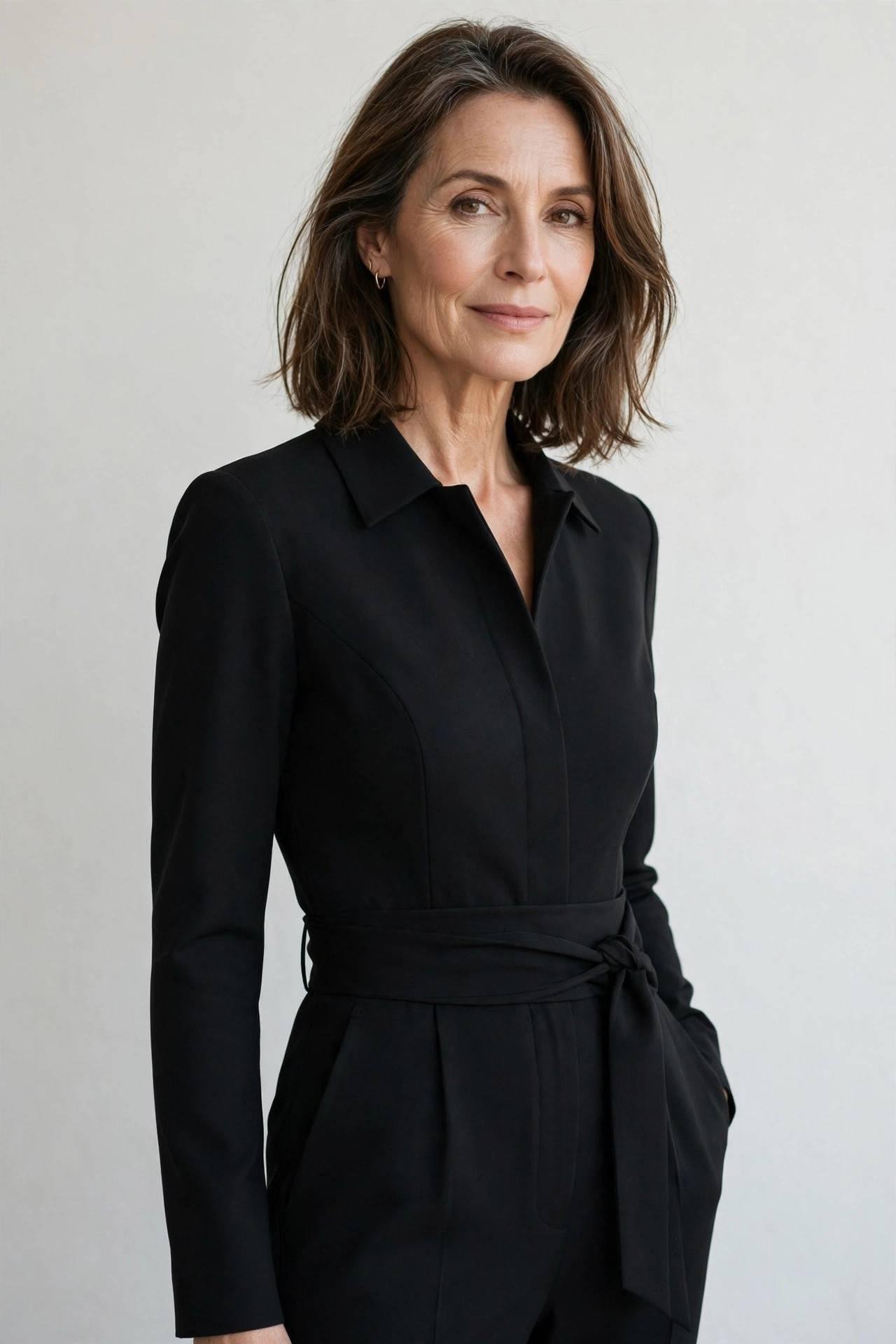 Woman in elegant black jumpsuit with belt
