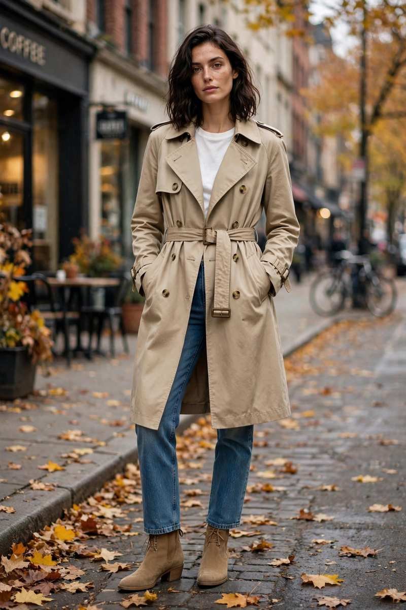 Beige trench coat with blue jeans casual outfit