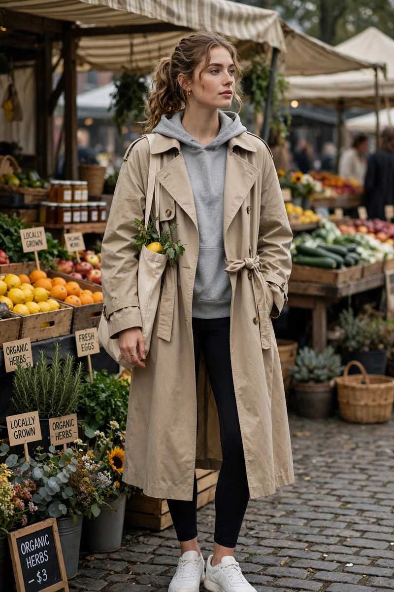 Trench coat with hoodie and leggings casual look
