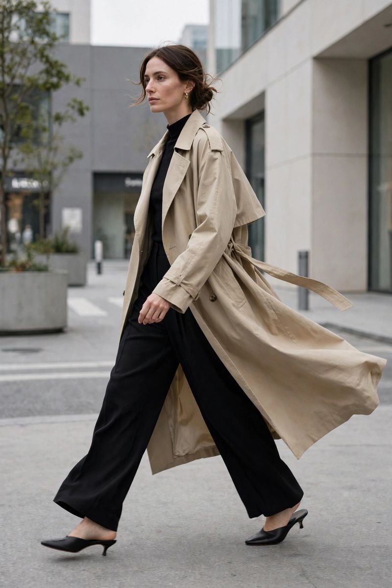 Oversized beige trench coat with black wide-leg trousers