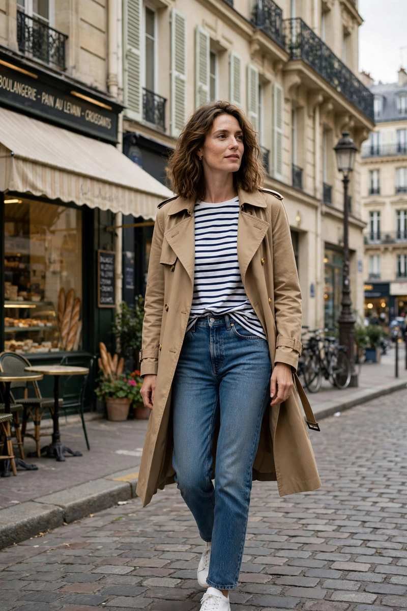 Trench coat with striped shirt and jeans
