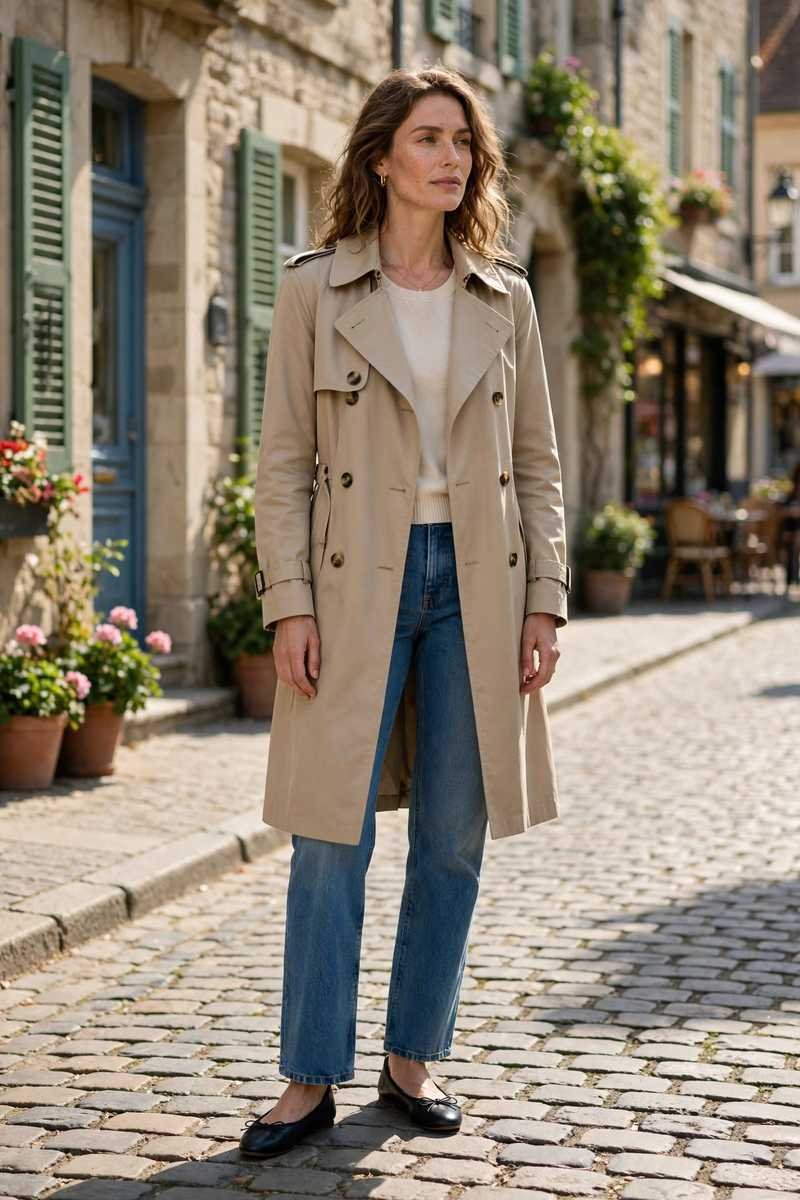 Camel trench coat with straight-leg jeans and ballet flats