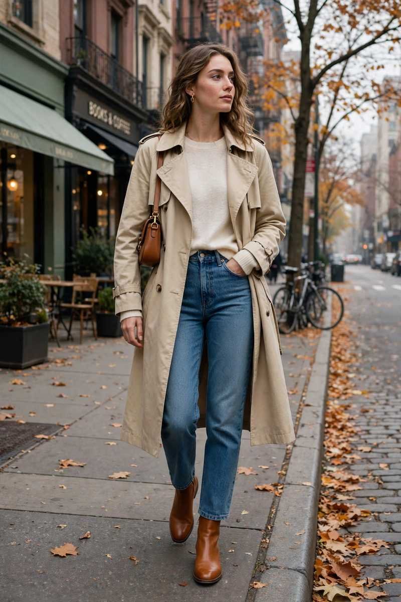 Lightweight trench coat over knit top and jeans with ankle boots