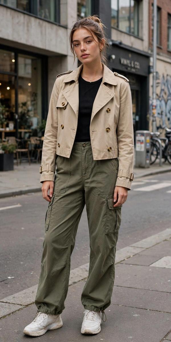 Cropped trench coat with high-waisted cargo pants