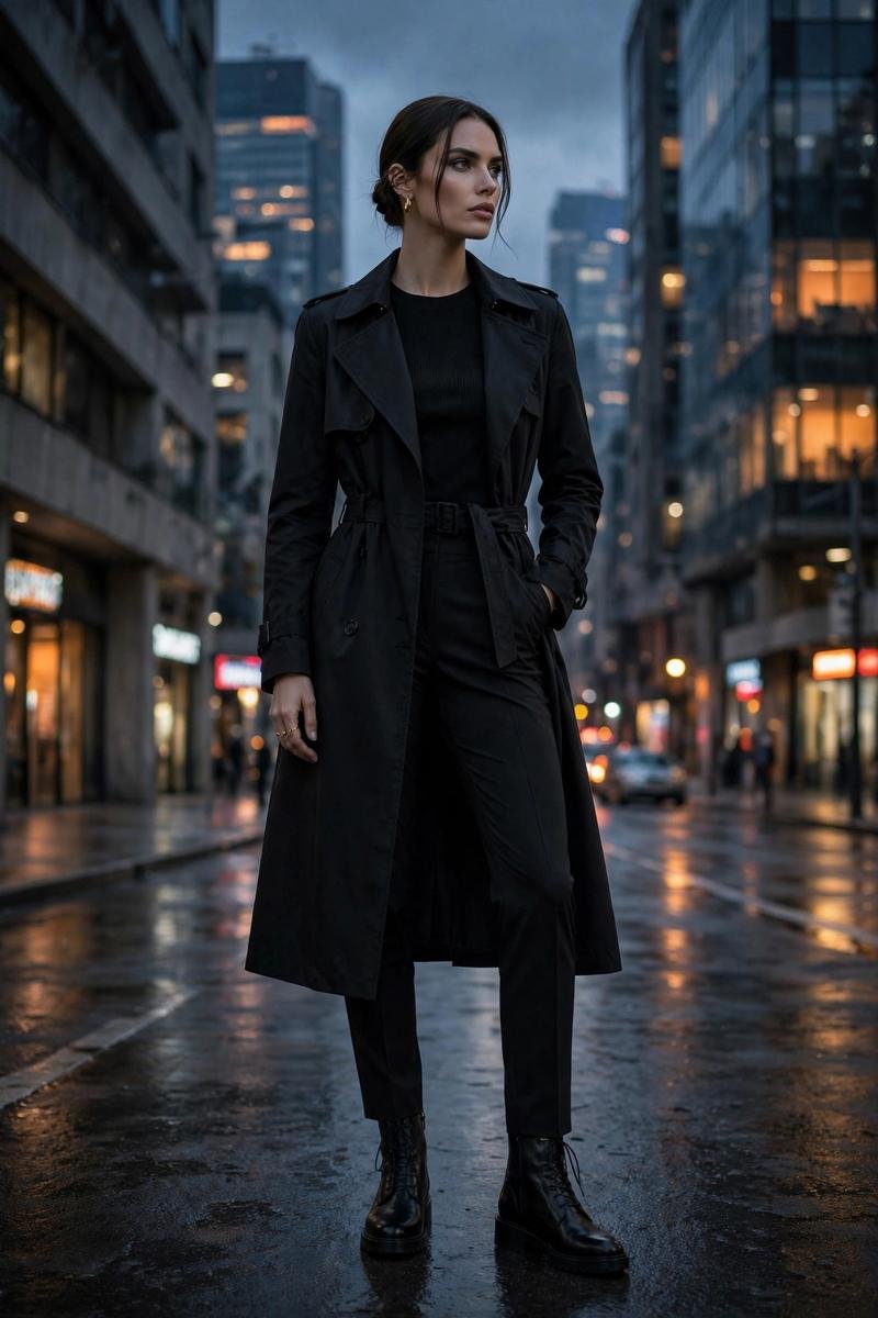 Black trench coat over all-black monochrome outfit