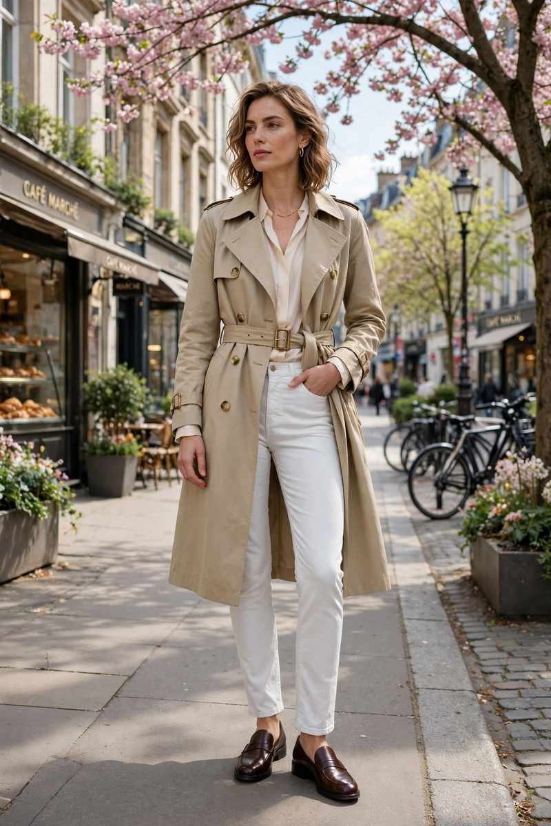 Beige trench coat with white jeans and loafers