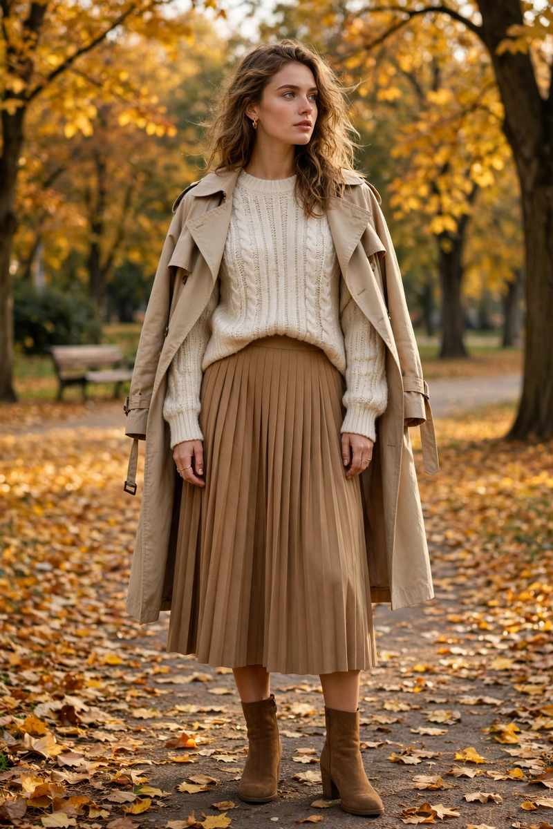 Trench coat with knit vest and pleated midi skirt