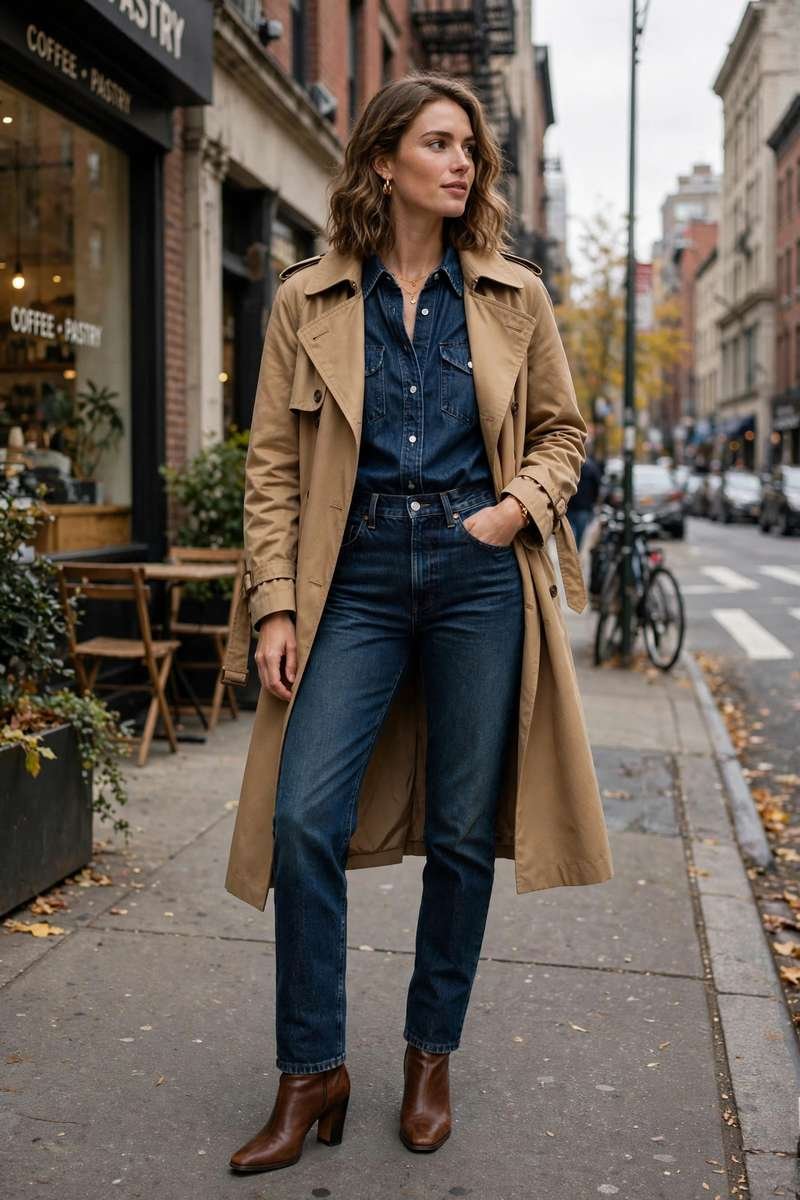 Trench coat with dark denim outfit