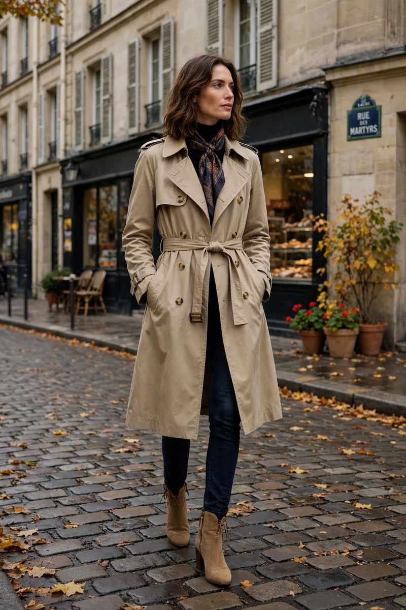 Structured trench coat with scarf and ankle boots