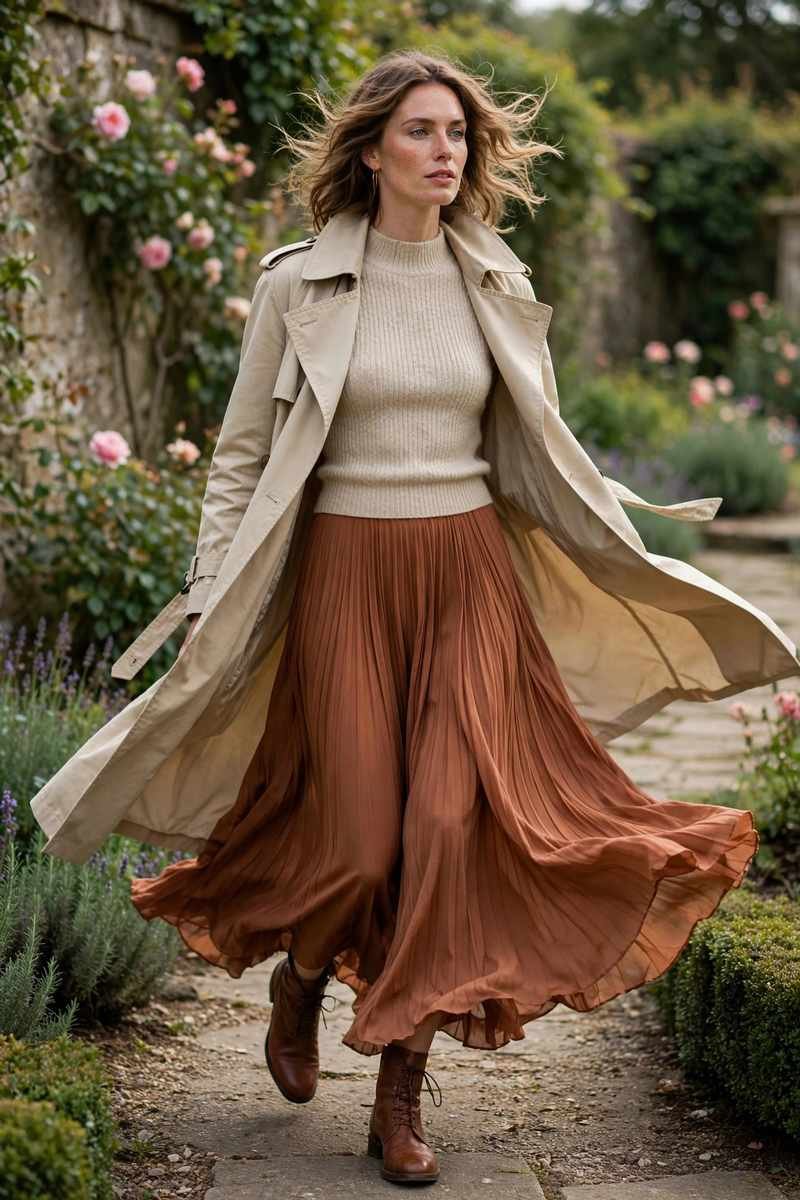 Maxi skirt with trench coat outfit