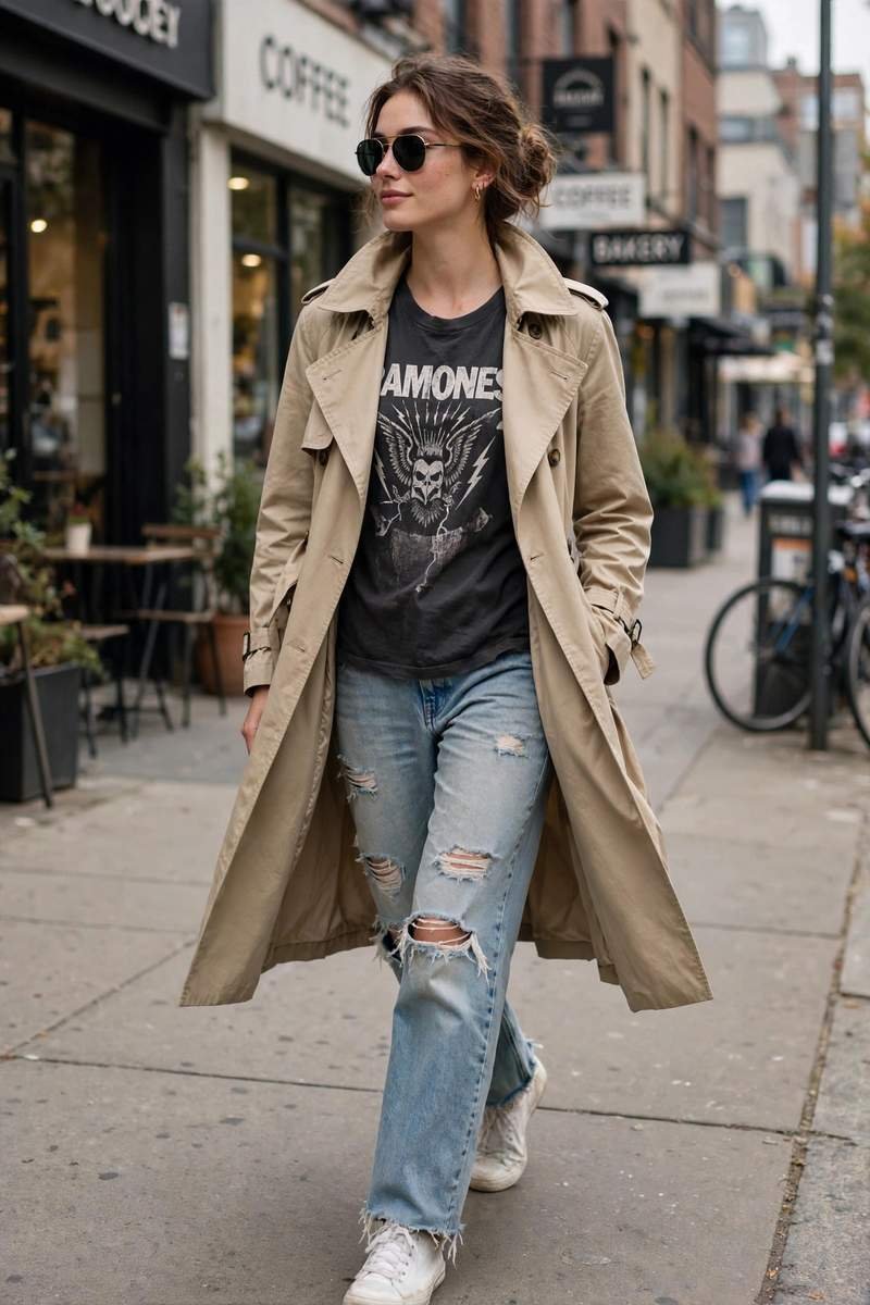 Trench coat with straight-leg jeans off-duty look