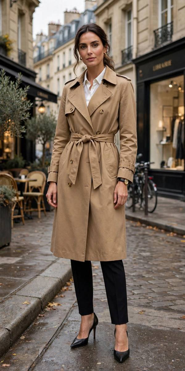 Trench coat styled with waist-cinching belt