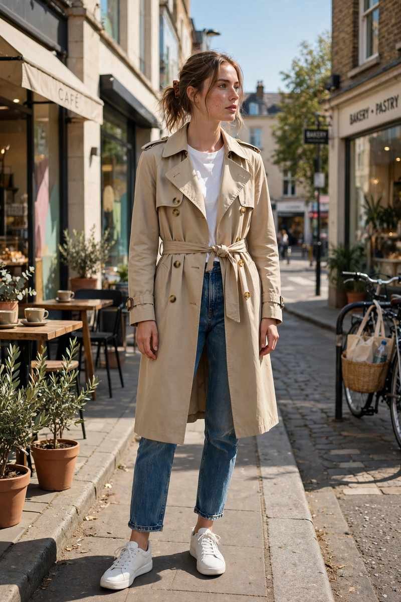 Beige trench coat with white tee and straight-leg jeans