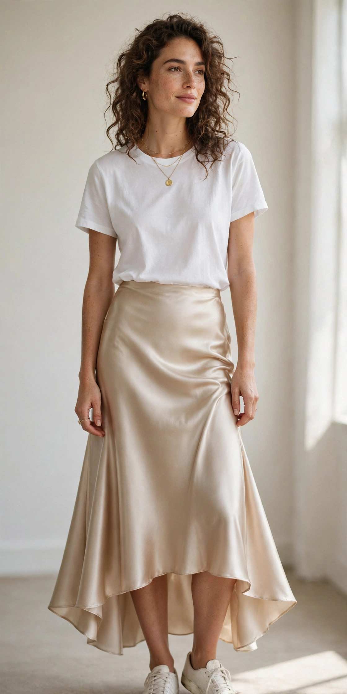 Woman in satin midi skirt with white t-shirt