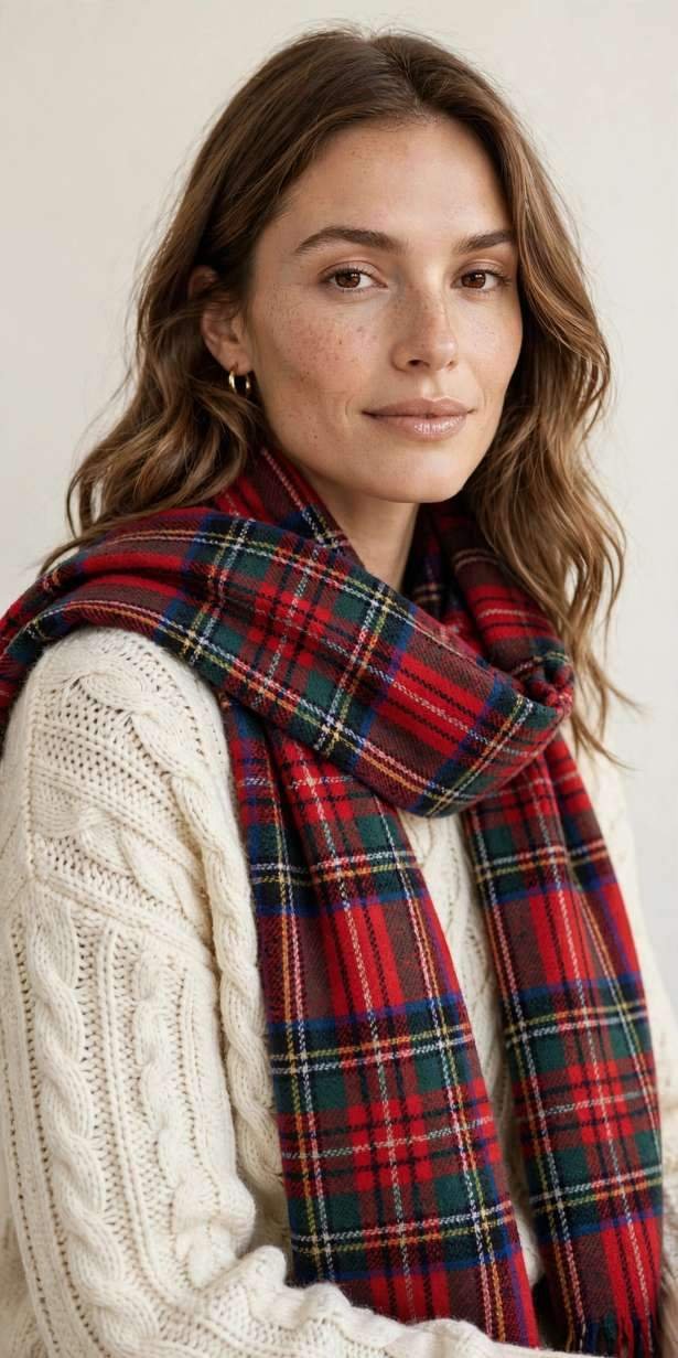 Woman in cream sweater with plaid scarf