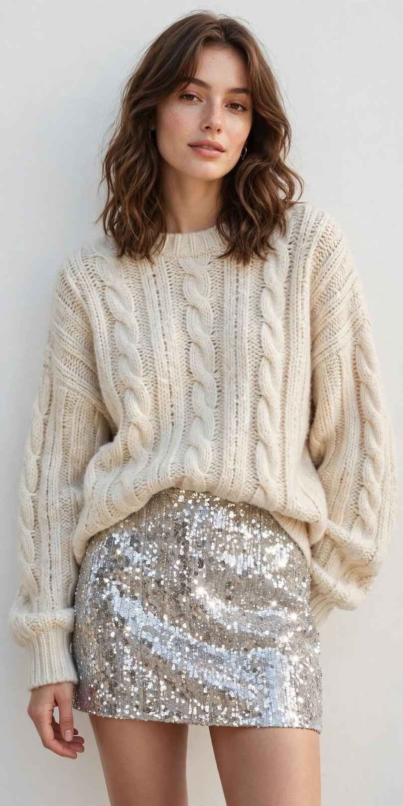 Woman in sequin mini skirt with sweater
