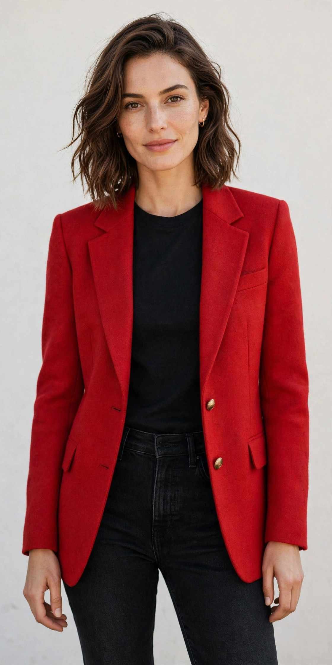 Woman in red blazer with black top and jeans