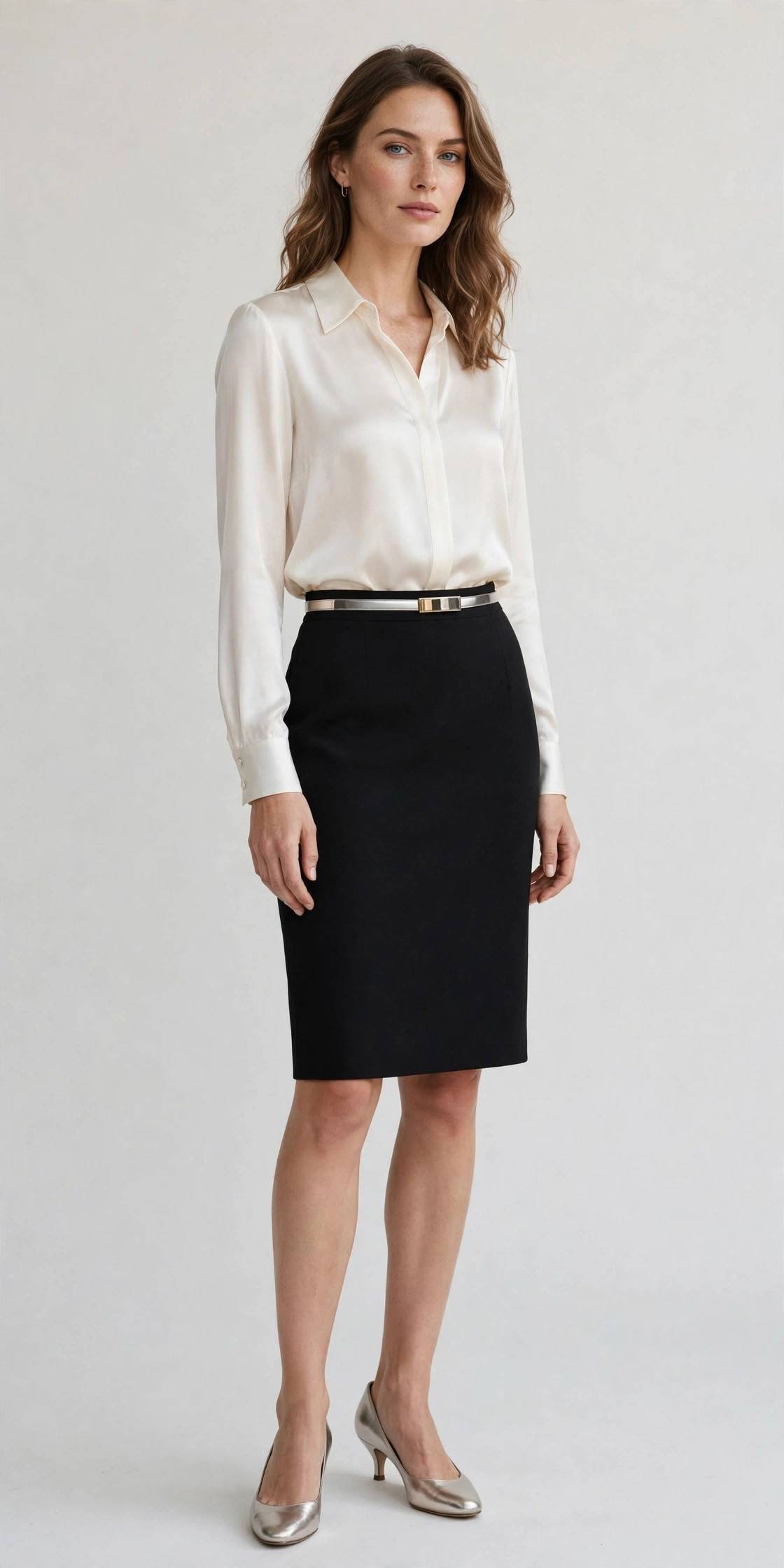 Woman in a pencil skirt and silk blouse at the office